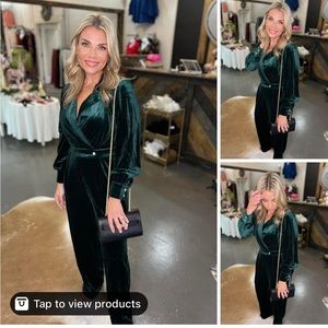 NWT medium emerald green velvet jumpsuit with pearl detail at waist and cuffs